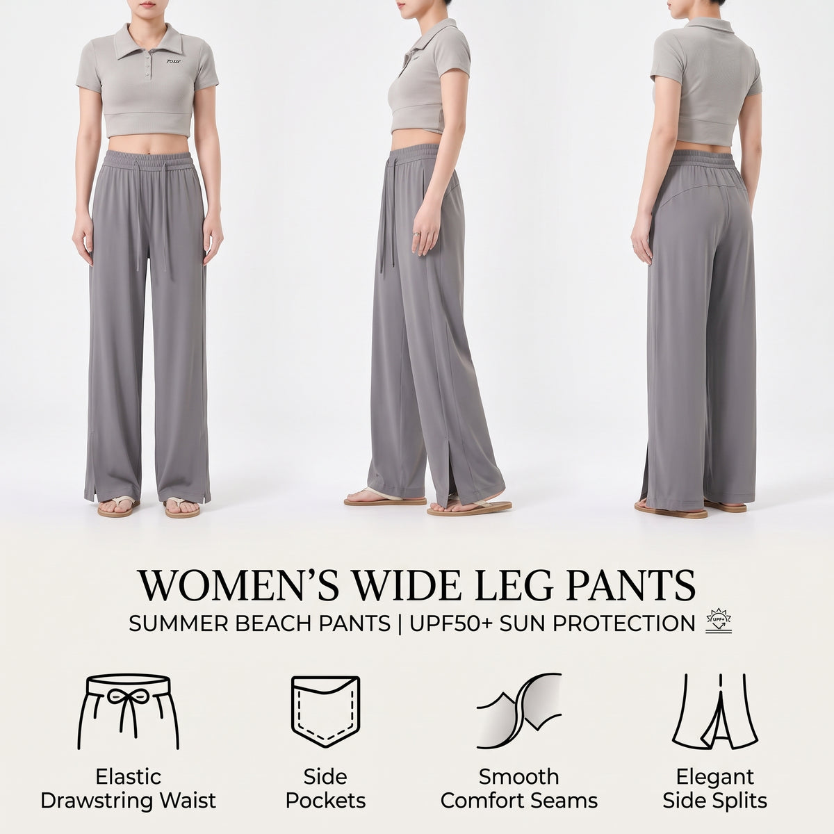 UPF 50+ Wide Leg Pants for Women with Side Slit, Lightweight Quick-Dry for Travel, Hiking and Everyday Wear