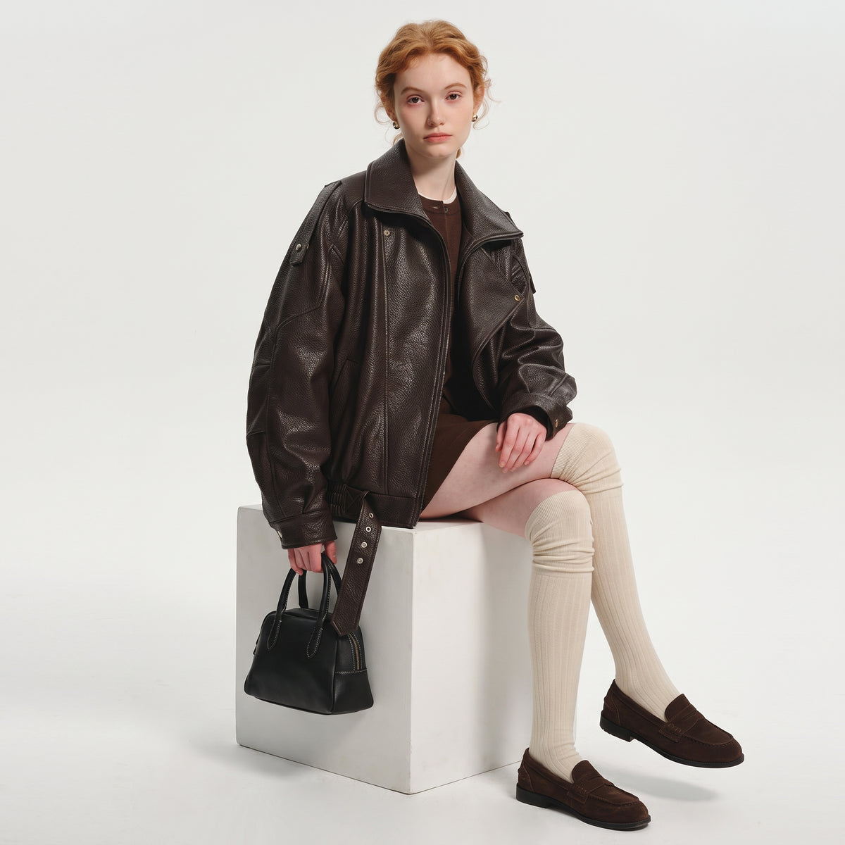 Women's Oversized PU Leather Jacket, Zip-Up Retro American Style Coat in Brown and Black