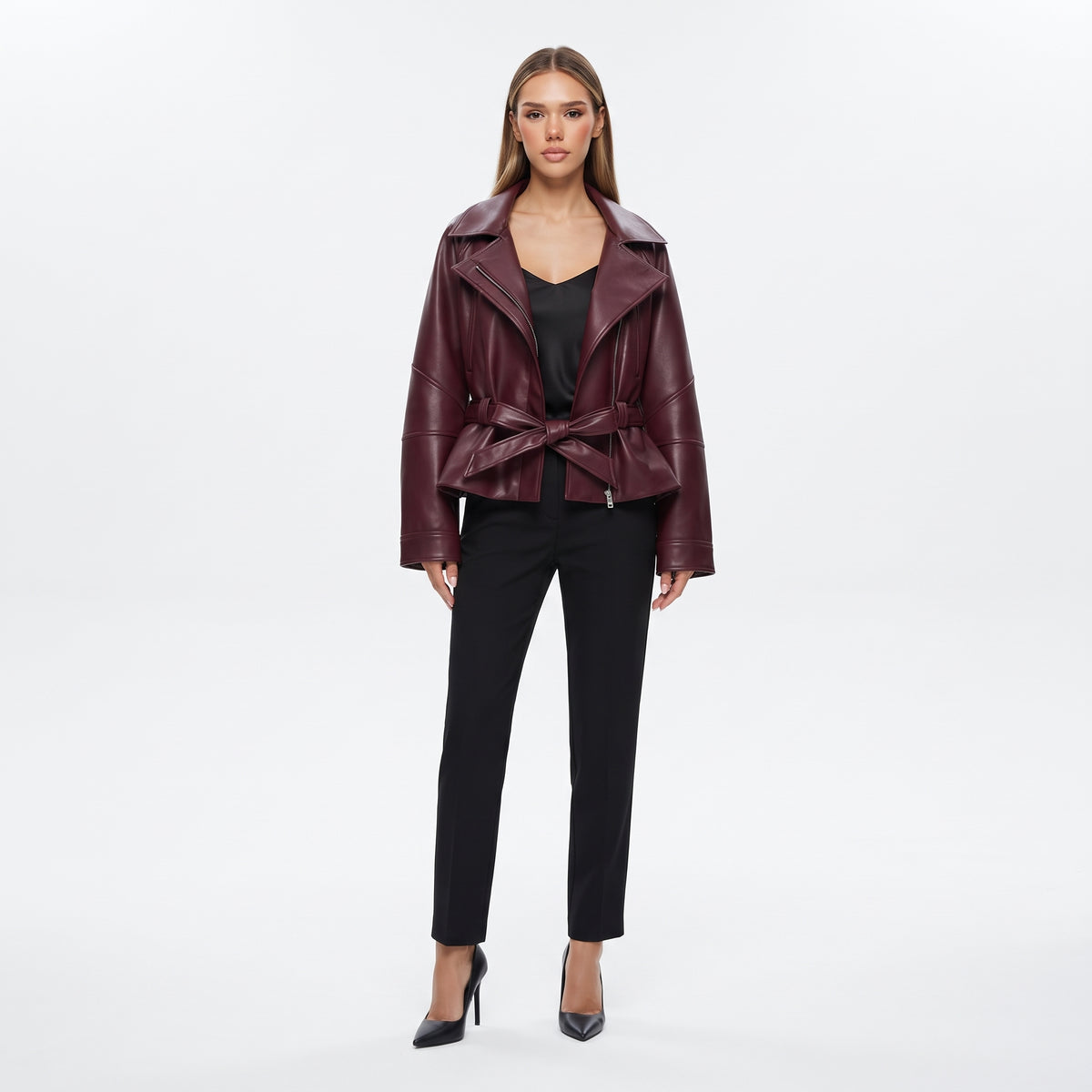 Women's Faux Leather Trench Jacket with Belt, Lapel Moto Coat in Black, Wine Red and Brown