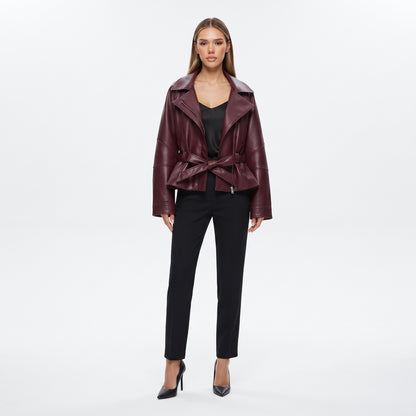 Women's Faux Leather Trench Jacket with Belt, Lapel Moto Coat in Black, Wine Red and Brown