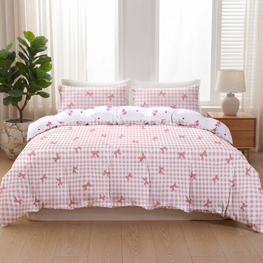 Plaid Duvet Cover Set – Bow Print 3pcs Soft Bedding