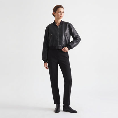 Women's Short Faux Leather Pilot Jacket, Slim Zip-Up Coat for Autumn