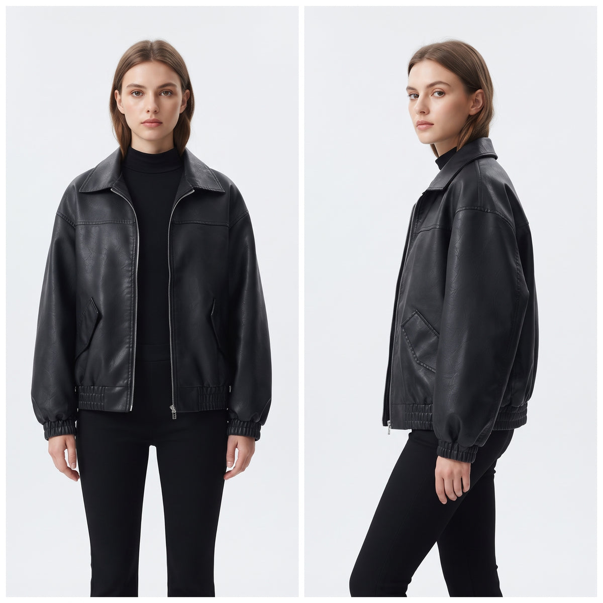 Women's Vintage Faux Leather Moto Jacket, Short Zip-Up Biker Coat for Spring and Autumn