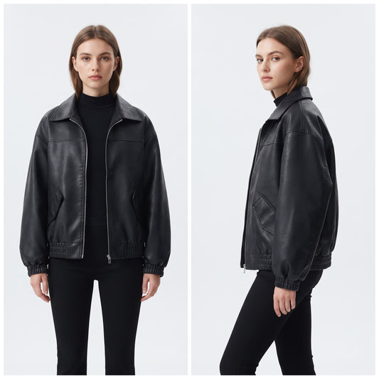 Women's Vintage Faux Leather Moto Jacket, Short Zip-Up Biker Coat for Spring and Autumn