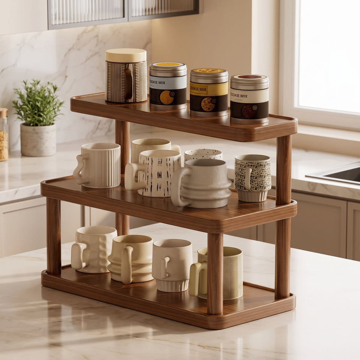 Multilayer Wooden Storage Rack - Space-Saving Teacup & Mug Stand