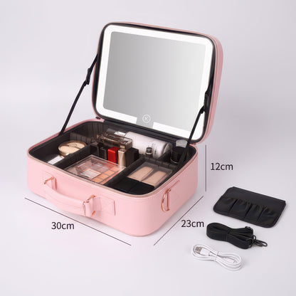 Large Portable Makeup Bag with LED Light and Mirror, Removable Partition, PVC