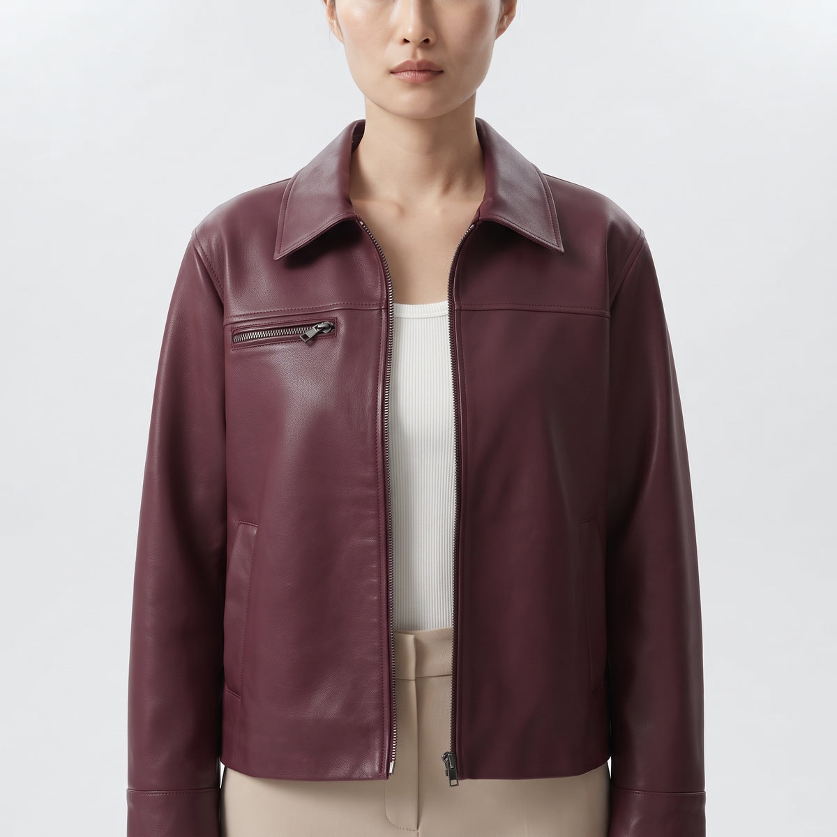 Women's Faux Leather Jacket in Burgundy and Champagne, Lapel Zip-Up Street Coat