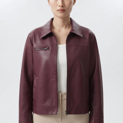 Women's Faux Leather Jacket in Burgundy and Champagne, Lapel Zip-Up Street Coat