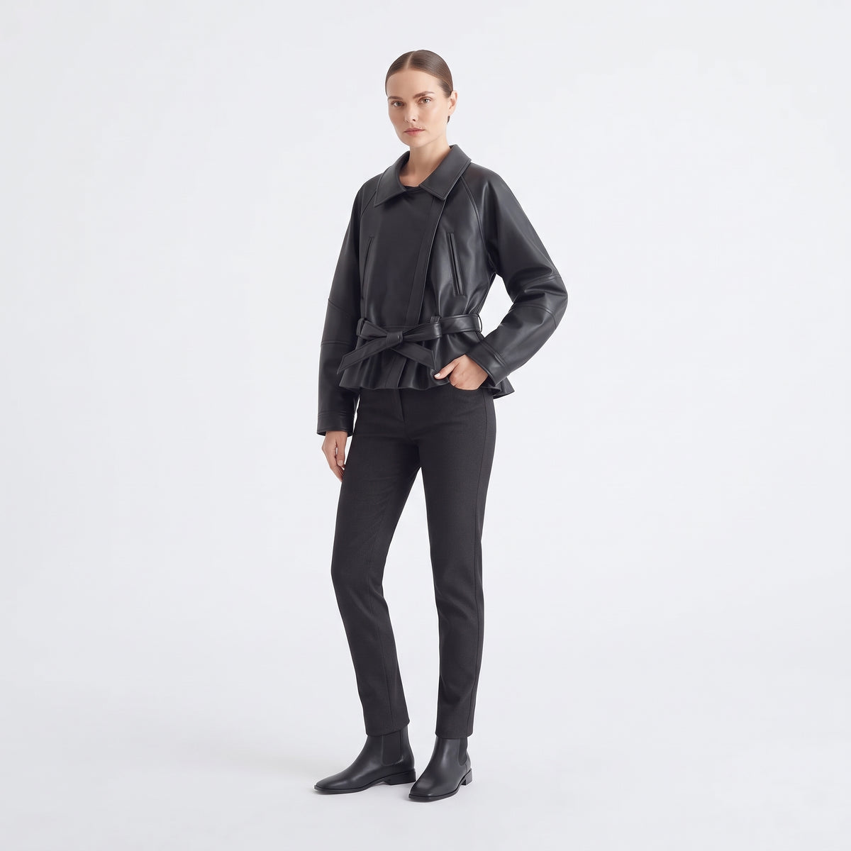 Women's Faux Leather Trench Jacket with Belt, Lapel Moto Coat in Black, Wine Red and Brown