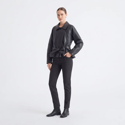 Women's Faux Leather Trench Jacket with Belt, Lapel Moto Coat in Black, Wine Red and Brown