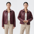 Women's Faux Leather Jacket in Burgundy and Champagne, Lapel Zip-Up Street Coat