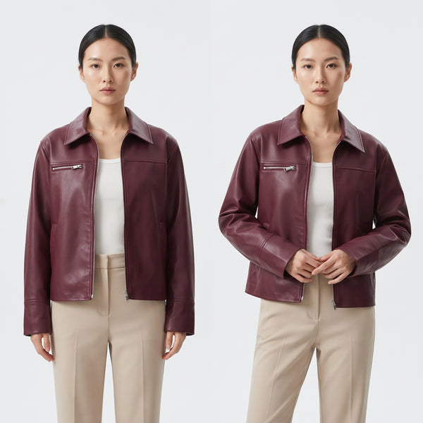 Women's Faux Leather Jacket in Burgundy and Champagne, Lapel Zip-Up Street Coat
