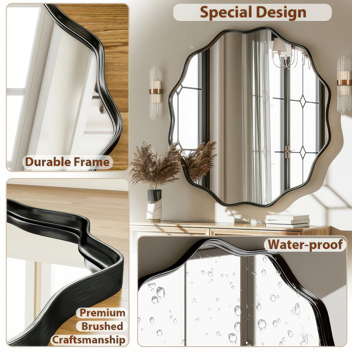 Wavy Round Decorative Bathroom Wall Mirror with Deep Frame, Gold or Black