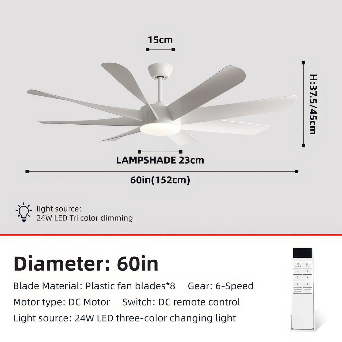 FUMANJIA 60-Inch Ceiling Fan with Light for Home – 8 Blades, Remote