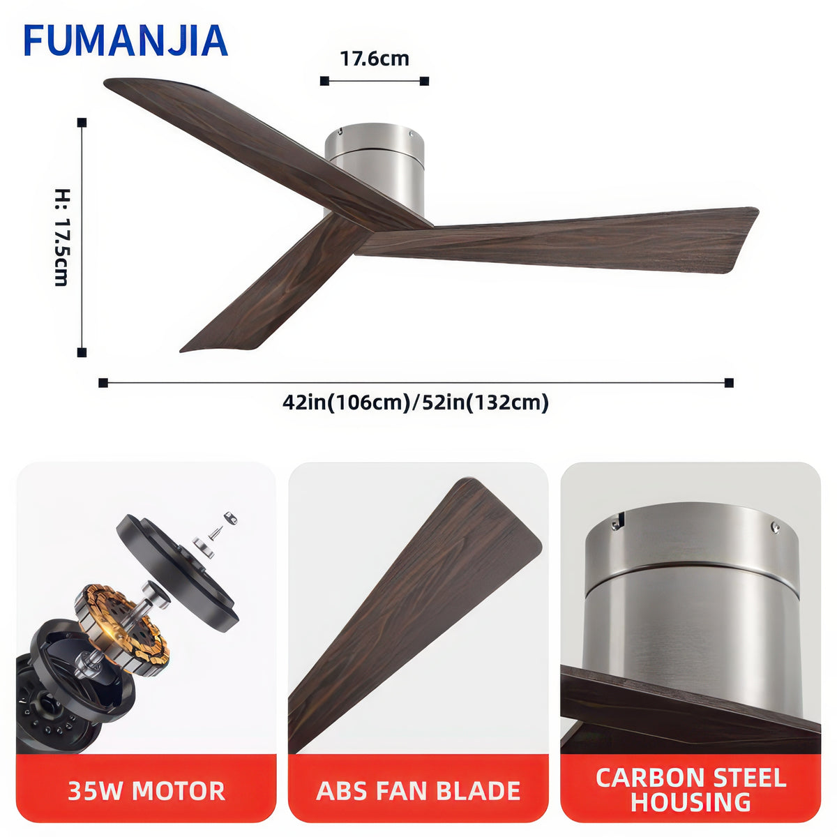 Retro Ceiling Fan for Home – 52-Inch DC Motor, No Light, Remote Control