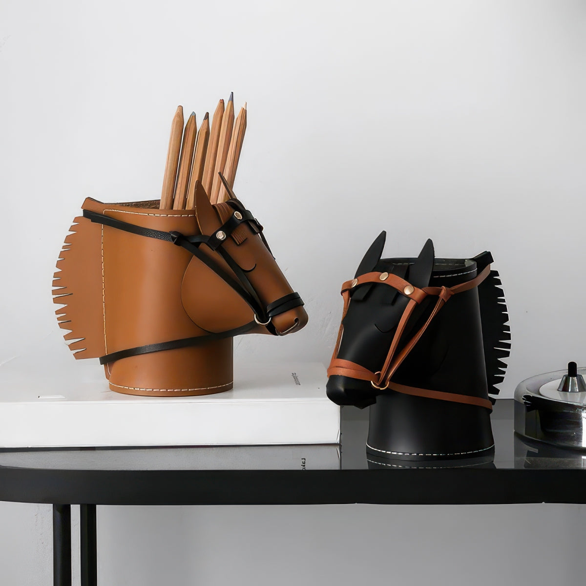 Horse-Head Leather Desk Organizer Box, Set of 1 or 3