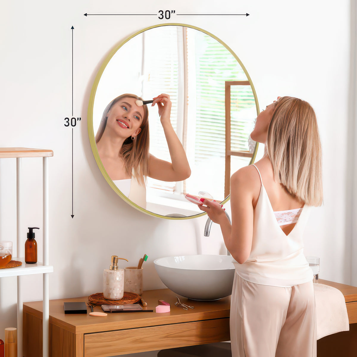 JHK Round Vanity Framed Mirror Matte Metal Frame Tempered Glass 30 Inch