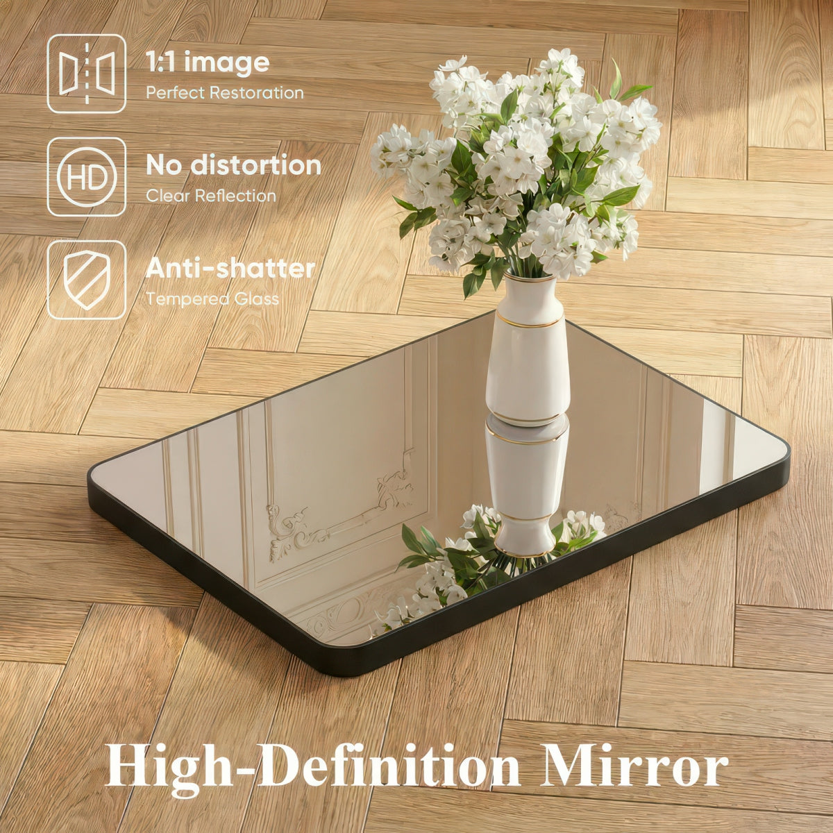 Tempered Glass Wall Mirror with Aluminum Frame, Multiple Sizes, Horizontal or Vertical