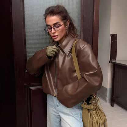 Women's Faux Leather Jacket in Burgundy and Champagne, Lapel Zip-Up Street Coat
