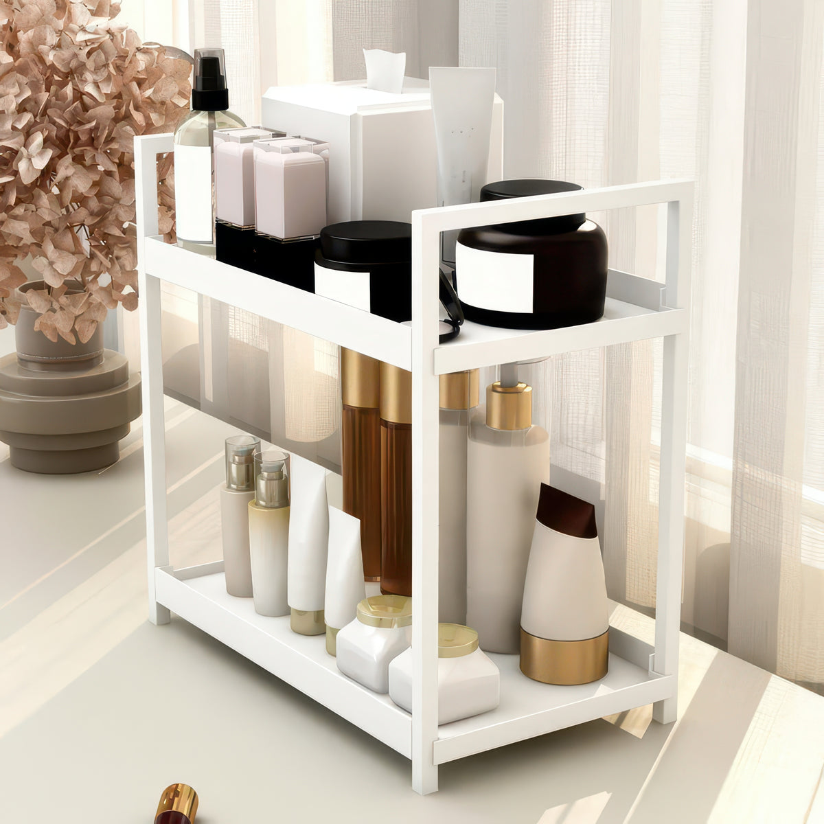 2-Tier Desktop Shelf Iron & PP Organizer for Makeup Countertop 30x17x30cm