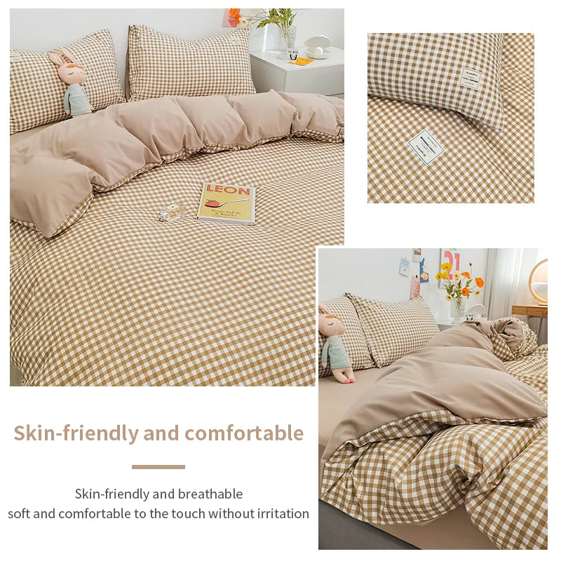 Japanese Style Duvet Cover – 100% Cotton Plaid Stripe Bedding Set