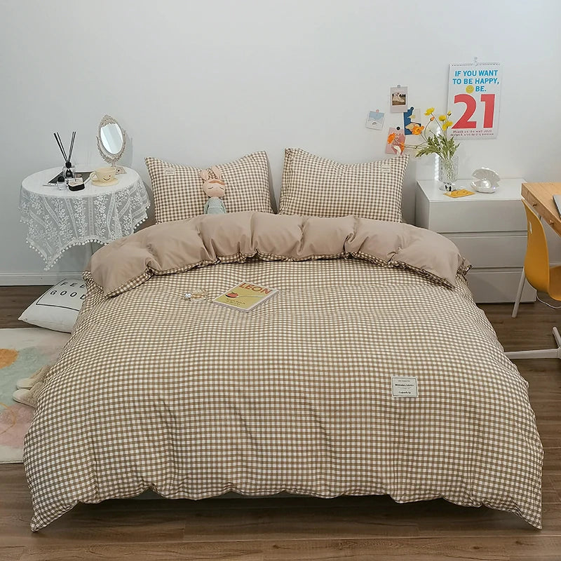 Japanese Style Duvet Cover – 100% Cotton Plaid Stripe Bedding Set