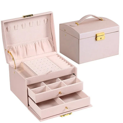Drawer Jewelry Box – Three Layer Leather Lockable Case