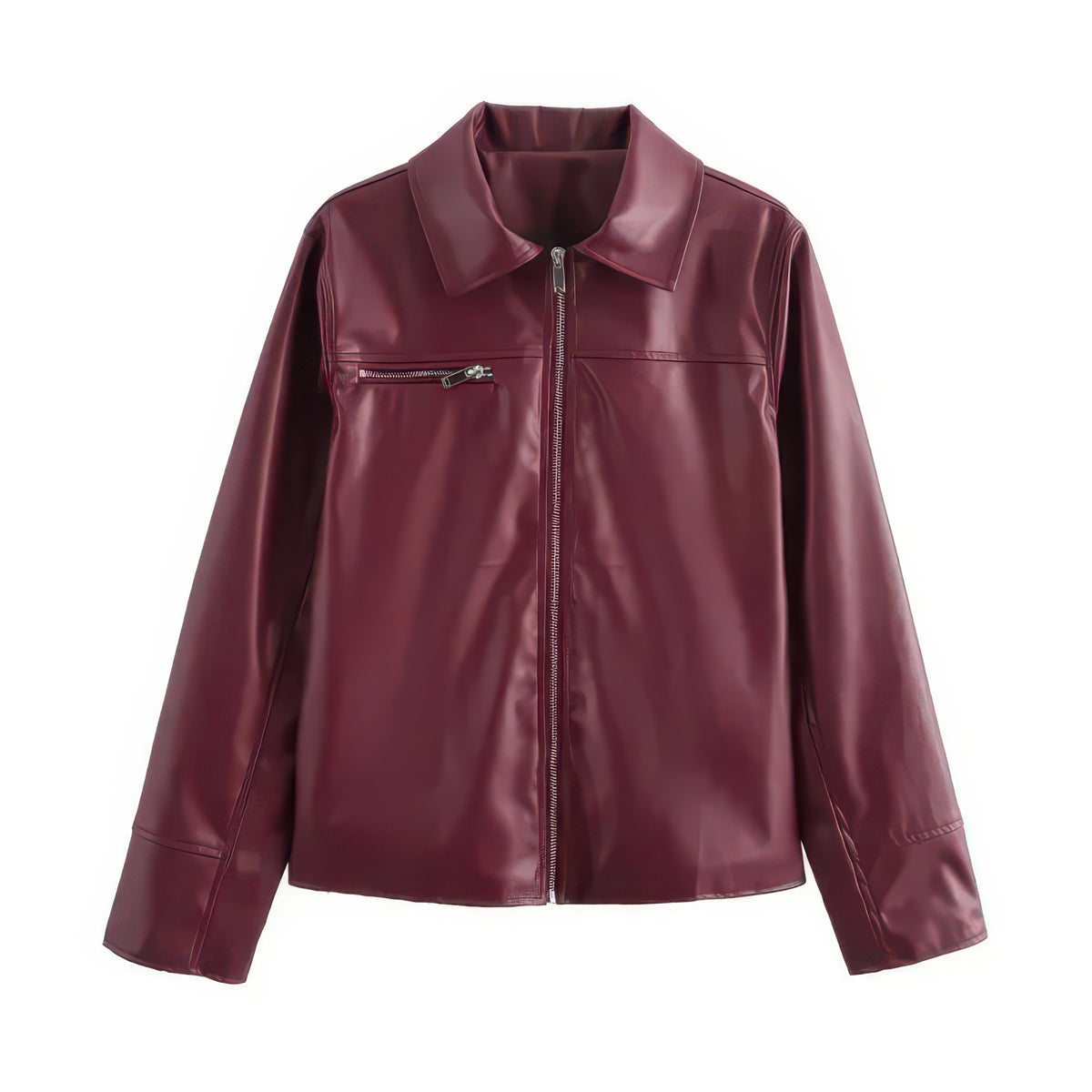 Women's Faux Leather Jacket in Burgundy and Champagne, Lapel Zip-Up Street Coat