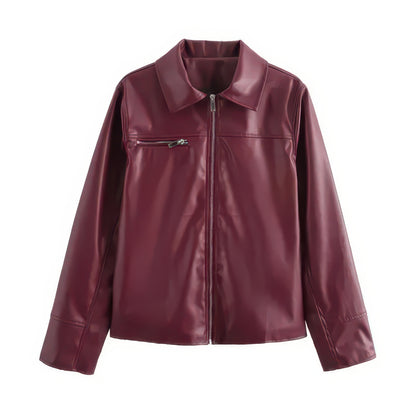 Women's Faux Leather Jacket in Burgundy and Champagne, Lapel Zip-Up Street Coat