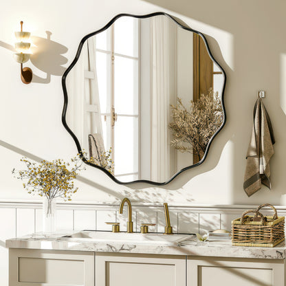 Wavy Round Decorative Bathroom Wall Mirror with Deep Frame, Gold or Black