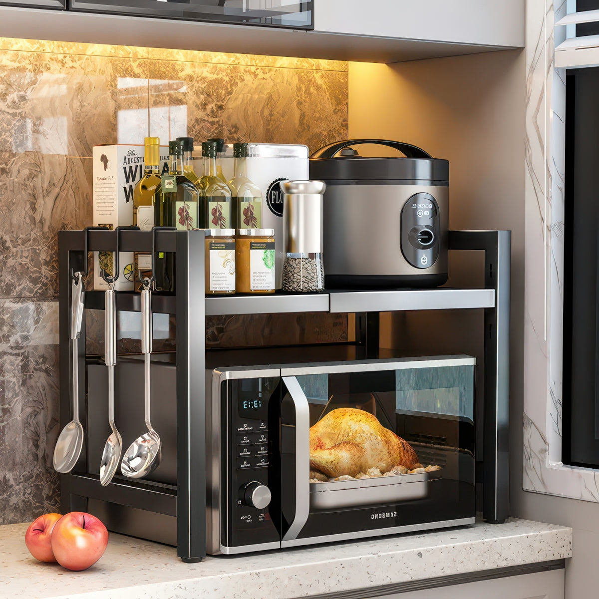 Expandable Microwave Shelf with 6 Hooks Kitchen Storage Rack Extendable 40-64cm