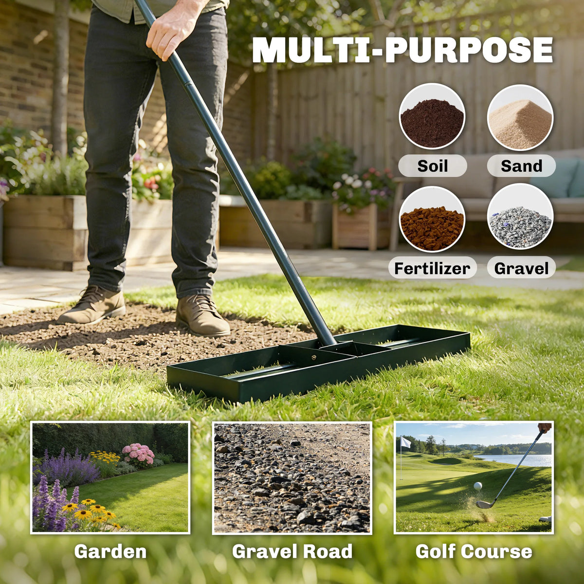 Lawn Leveling Rake - Adjustable Handle Grading Rake