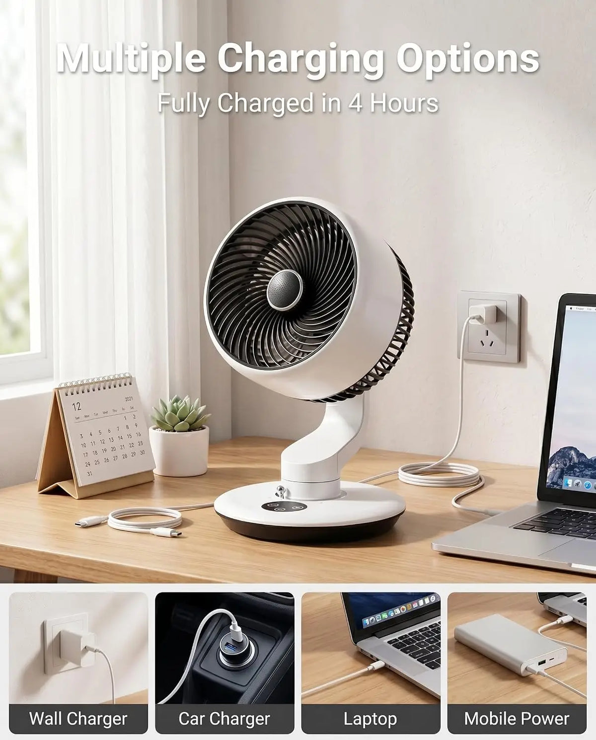 Rechargeable Desk Fan with 120° Oscillation and 90° Tilt