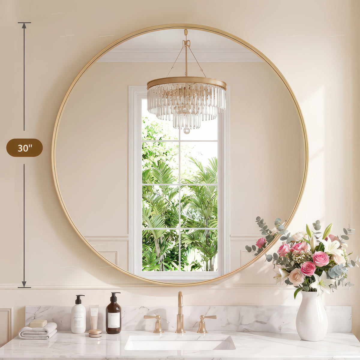 Groove Round Framed Wall Vanity Mirror, Matte Metal Frame