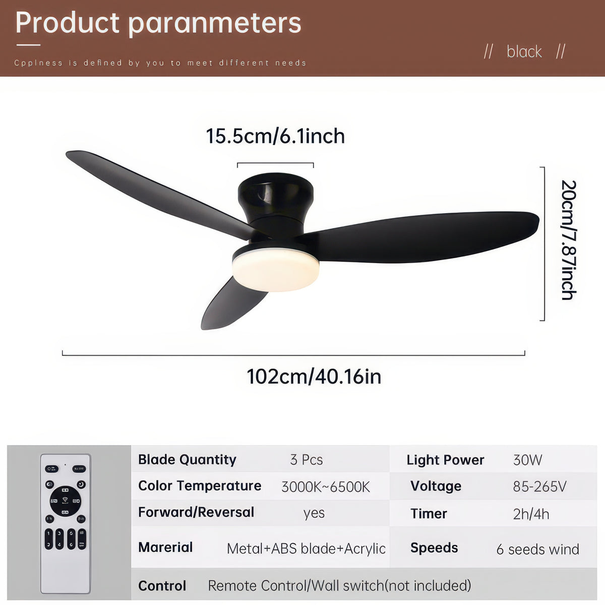 Three-Blade Ceiling Fan with Dimmable Light and Remote