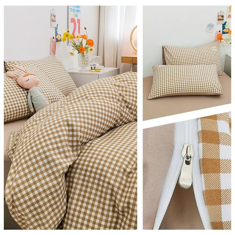 Japanese Style Duvet Cover – 100% Cotton Plaid Stripe Bedding Set
