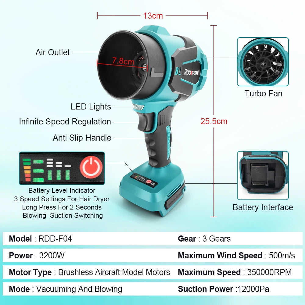 3 Gear Air Blower - Cordless Brushless Turbo Blower