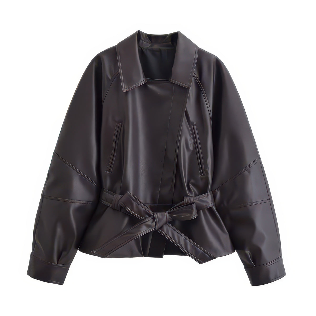 Women's Faux Leather Trench Jacket with Belt, Lapel Moto Coat in Black, Wine Red and Brown