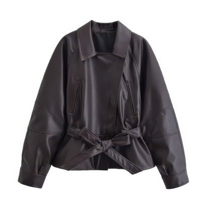 Women's Faux Leather Trench Jacket with Belt, Lapel Moto Coat in Black, Wine Red and Brown