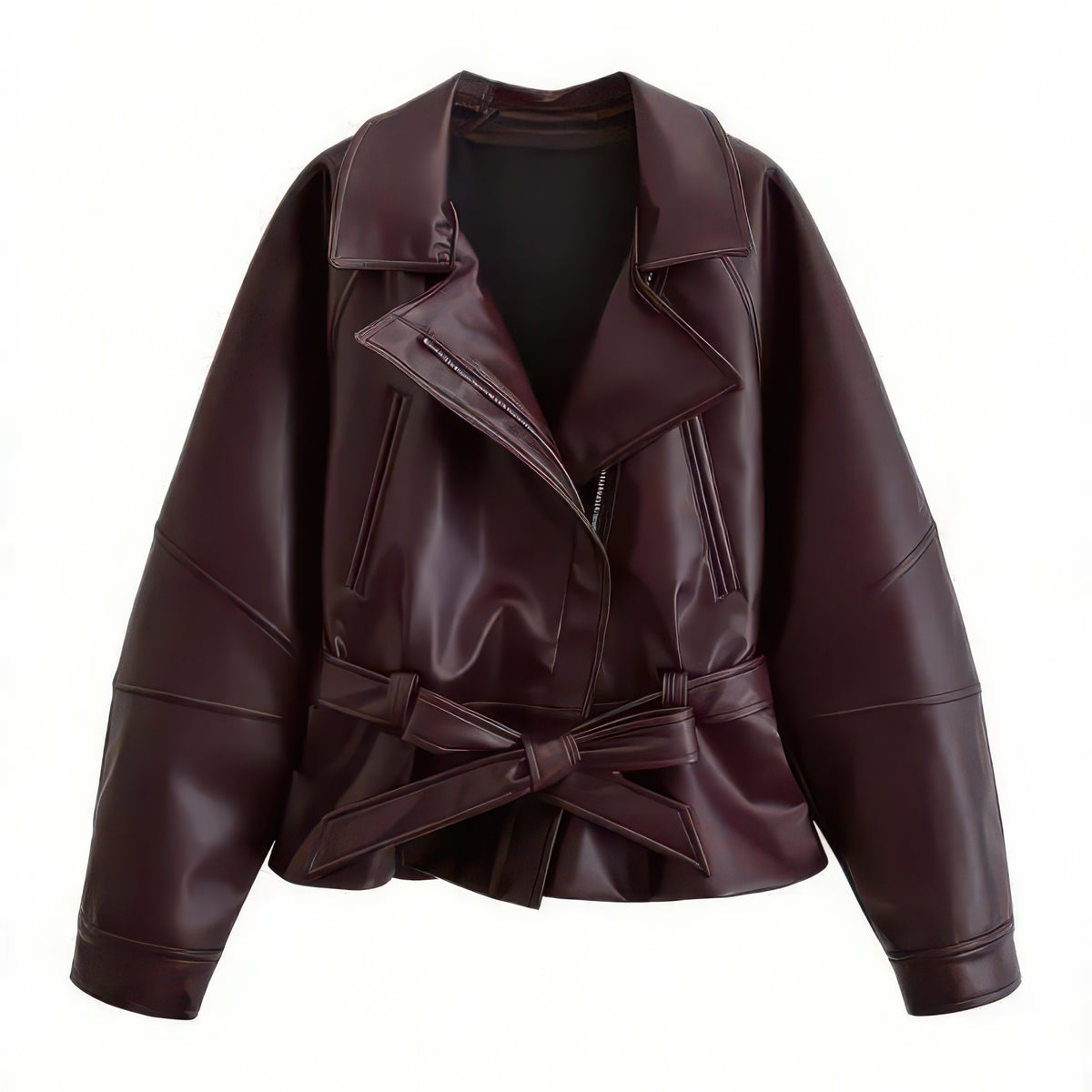 Women's Faux Leather Trench Jacket with Belt, Lapel Moto Coat in Black, Wine Red and Brown
