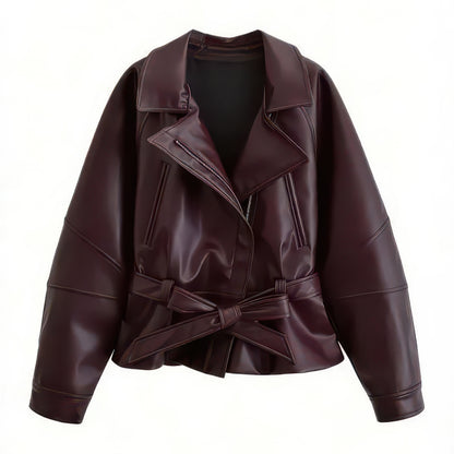 Women's Faux Leather Trench Jacket with Belt, Lapel Moto Coat in Black, Wine Red and Brown