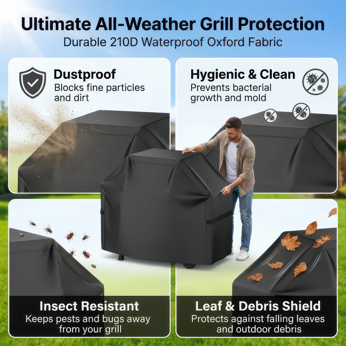Waterproof BBQ Grill Cover with Hook-and-Loop Straps, Fits 22 to 72 Inch Grills