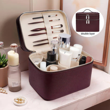 Double-Layer PU Makeup and Skincare Storage Box with Zipper