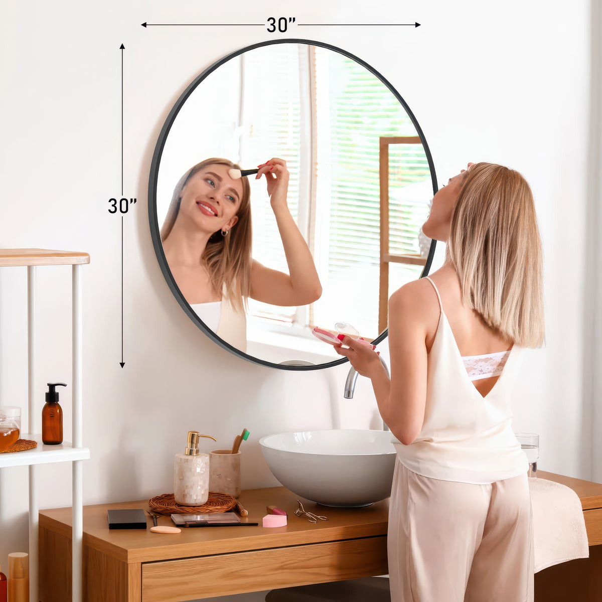 JHK Round Vanity Framed Mirror Matte Metal Frame Tempered Glass 30 Inch