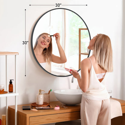 JHK Round Vanity Framed Mirror Matte Metal Frame Tempered Glass 30 Inch