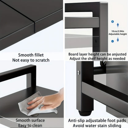 Expandable Microwave Shelf with 6 Hooks Kitchen Storage Rack Extendable 40-64cm