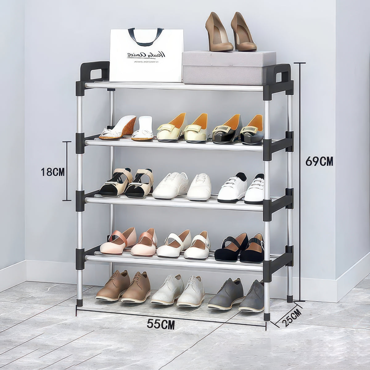 Three-to-Seven-Tier Black Shoe Rack with Assembly Hammer
