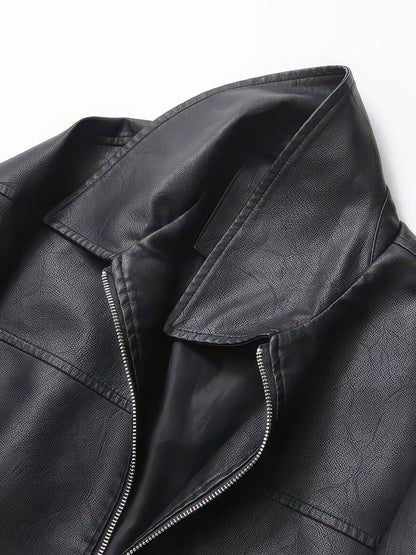 Women's Vintage Faux Leather Moto Jacket, Short Zip-Up Biker Coat for Spring and Autumn