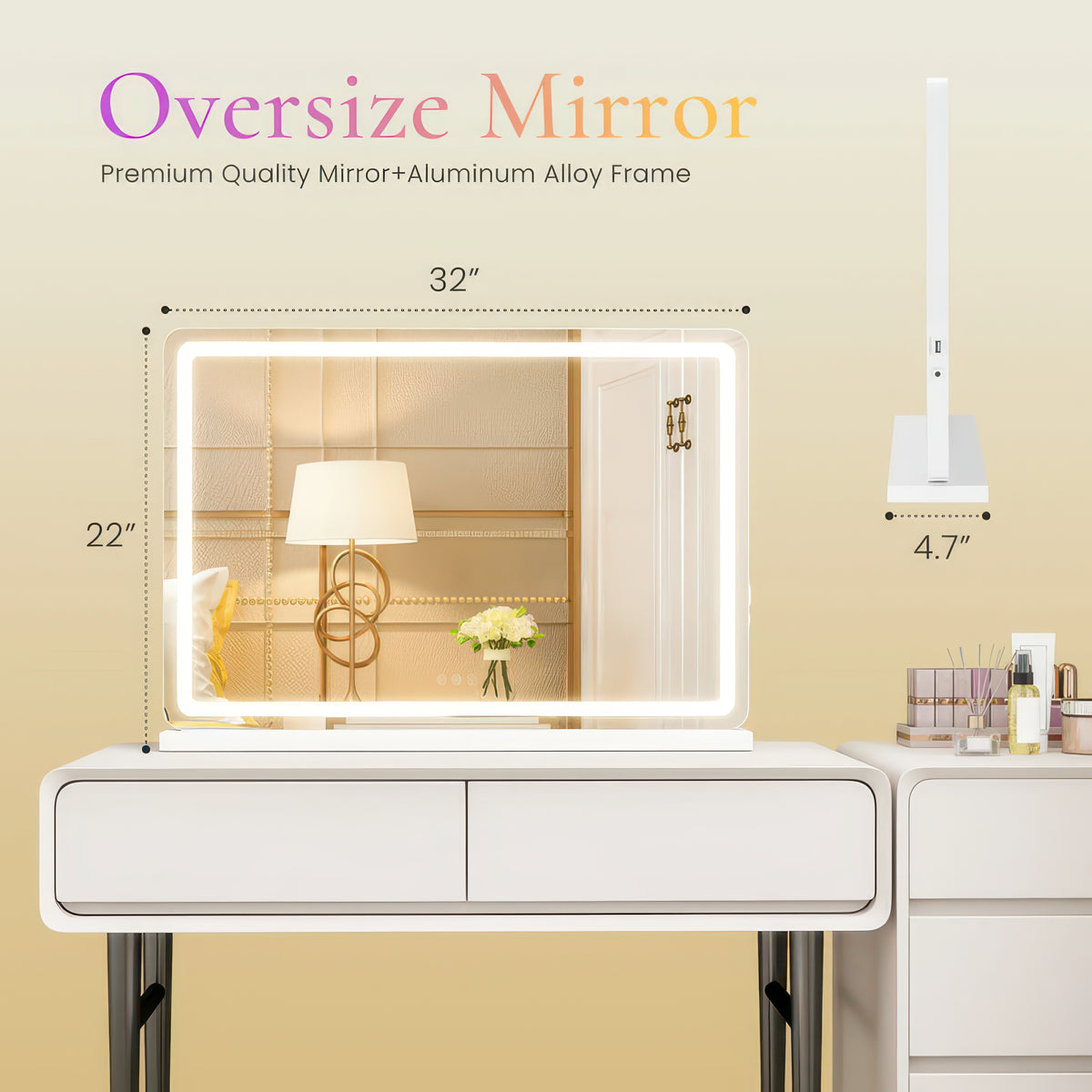 JHK LED Vanity Mirror with Lights, Aluminum Frame, Dimmable 3 Color Modes, Memory Function