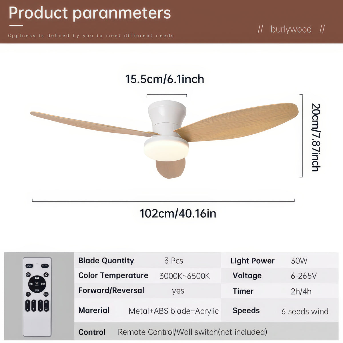 Three-Blade Ceiling Fan with Dimmable Light and Remote